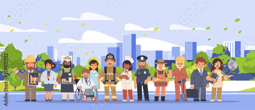 Group of people of different professions over modern urban landscape. Flat vector illustration