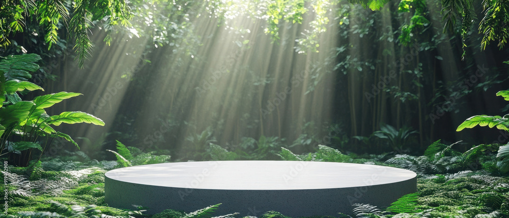 Nature product placement backdrop, A blank mockup podium is set in a serene natural environment, surrounded by lush greenery and soft sunlight filtering through leaves, creating a Nature product placement backdrop, A blank mockup podium is set in a serene natural environment, surrounded by lush greenery and soft sunlight filtering through leaves, creating a