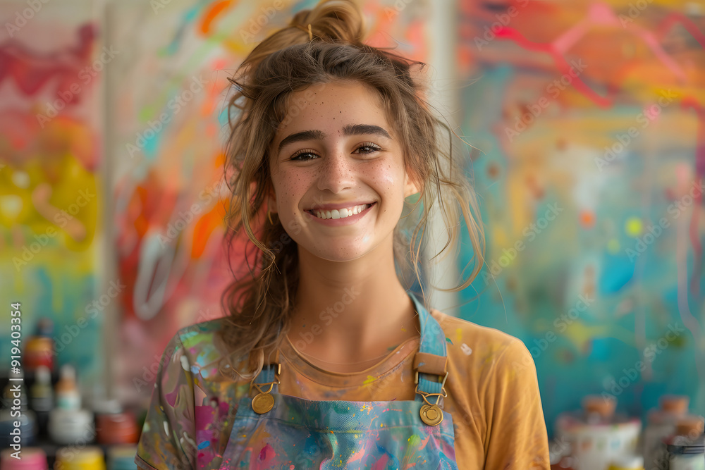  Vibrant  Workspace with Cheerful Young Woman Engaged in Painting or Crafting. Surrounded by Art Supplies and Bright Colors, This Inspiring Environment Highlights Creativity and  Passion  