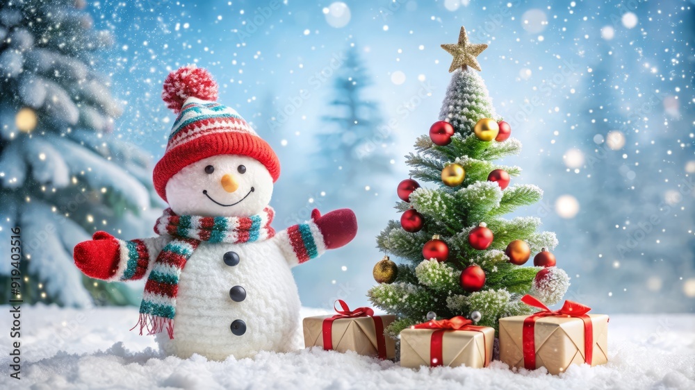 Snowman and Christmas Tree in Winter Wonderland. Snowman and Christmas Tree in Winter Wonderland.