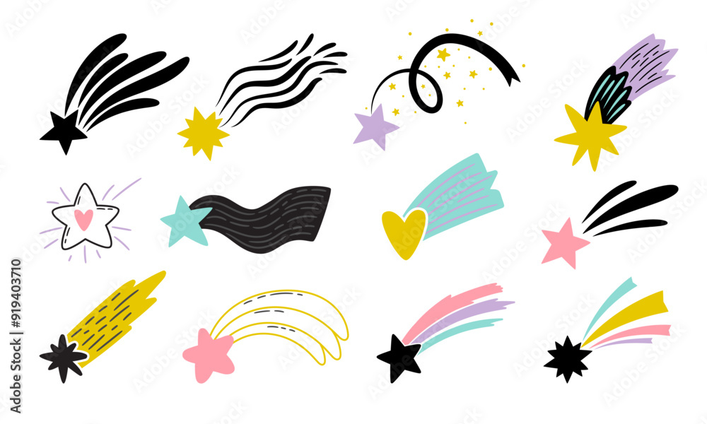Various shooting stars with beautiful bright tails