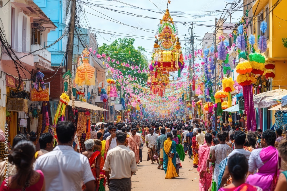 A bustling street filled with people celebrating a festival, beautifully decorated with colorful traditional ornaments and paraphernalia reflecting cultural vibrancy. A bustling street filled with people celebrating a festival, beautifully decorated with colorful traditional ornaments and paraphernalia reflecting cultural vibrancy.