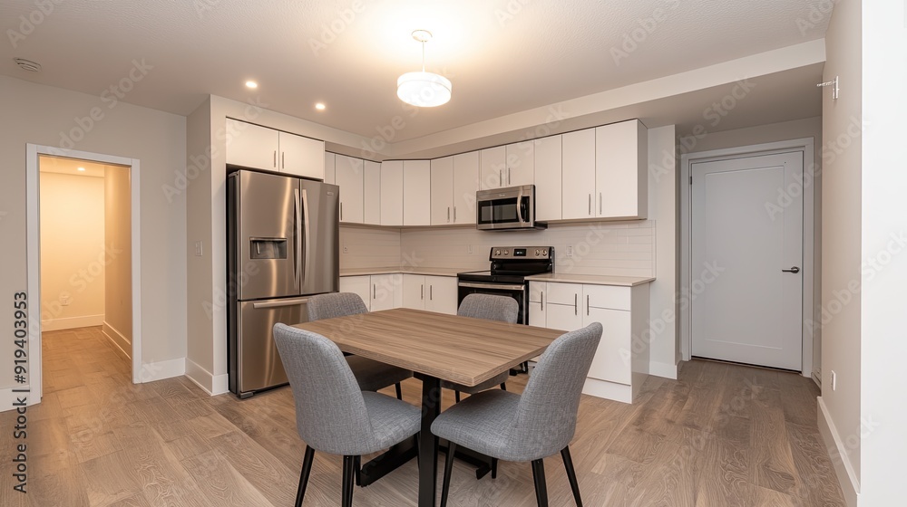 A minimalistic kitchen showcases white cabinets, light wood flooring, and a bright atmosphere, highlighted by grey chairs around a wooden dining table and stainless steel appliances A minimalistic kitchen showcases white cabinets, light wood flooring, and a bright atmosphere, highlighted by grey chairs around a wooden dining table and stainless steel appliances