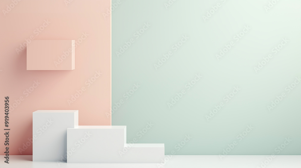 Minimalist geometric arrangement with floating and grounded cubes set against a pastel pink and mint-green background, exemplifying modern abstract design and clean lines Minimalist geometric arrangement with floating and grounded cubes set against a pastel pink and mint-green background, exemplifying modern abstract design and clean lines