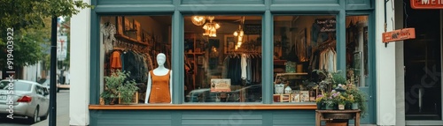 A charming boutique window display showcasing stylish clothing and accessories in an inviting urban setting.