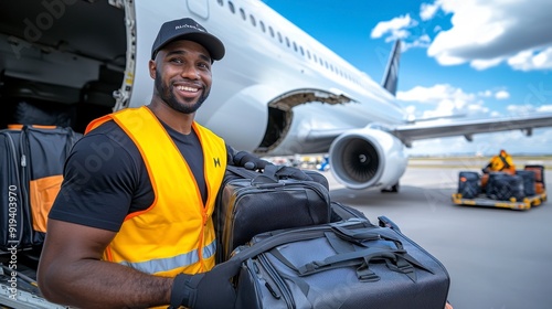 A smiling airport worker in a yellow vest loads luggage onto an airplane.