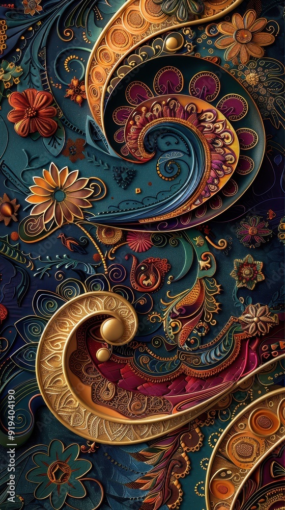 Obraz premium Colorful, swirling floral patterns create a rich, decorative design against a deep blue backdrop