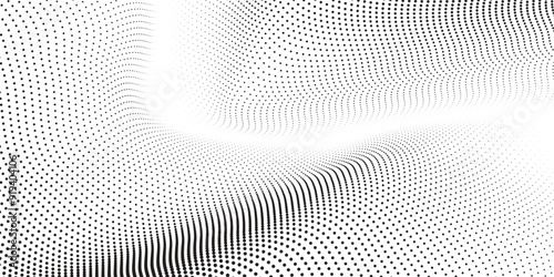Abstract halftone wave dotted background. Futuristic twisted grunge pattern, dot, circles. Vector modern optical pop art texture arts