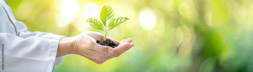 Scientist holding a small plant seedling, symbolizing growth and nurturing in a natural environment with a bokeh background. Scientist holding a small plant seedling, symbolizing growth and nurturing in a natural environment with a bokeh background.