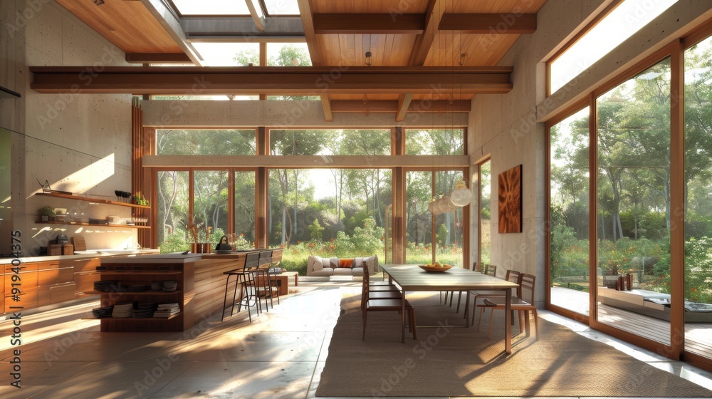 Modern Kitchen with Large Windows and Wooden Accents
