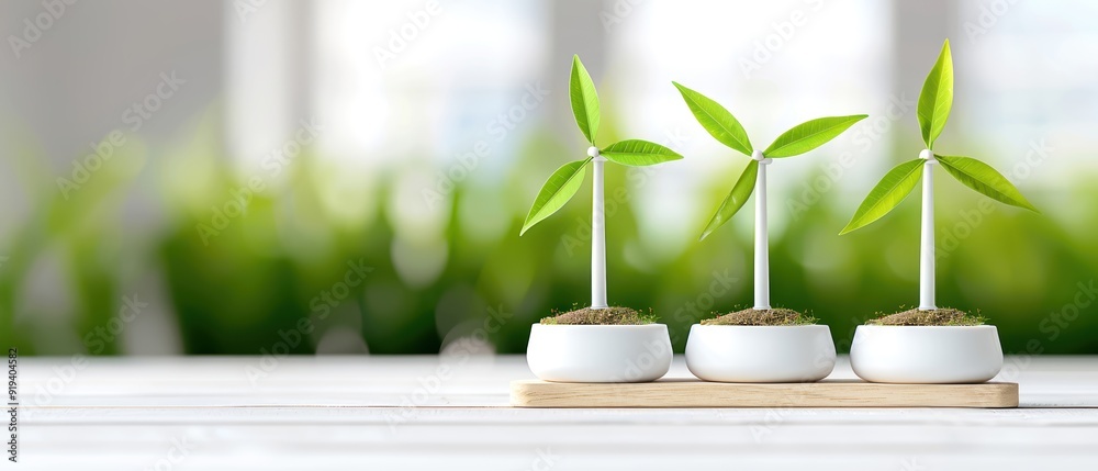 Three mini wind turbines made of green leaves in white pots on a wooden table against a blurred green leafy background. Three mini wind turbines made of green leaves in white pots on a wooden table against a blurred green leafy background.