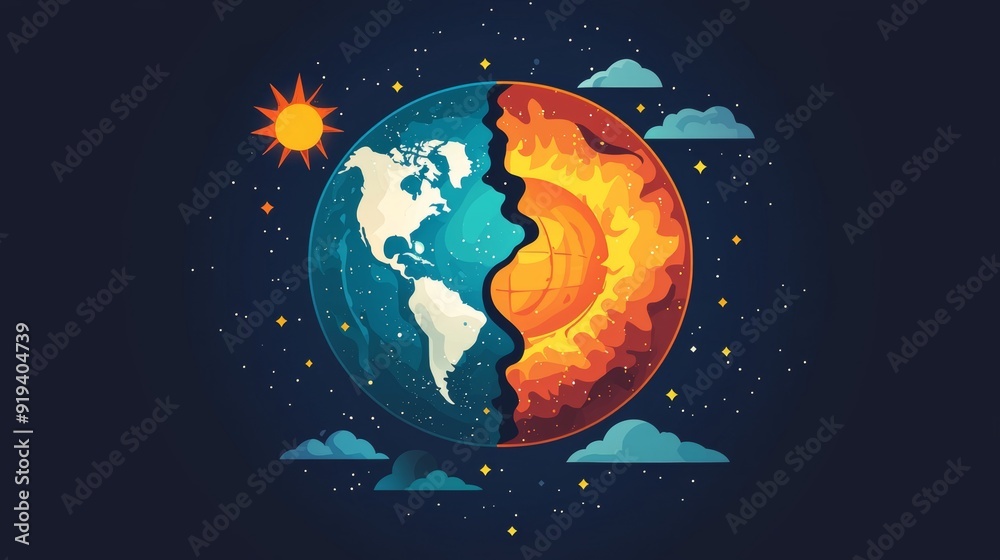 Artistic Earth Split Showing Inner Core and Global Warming Artistic Earth Split Showing Inner Core and Global Warming