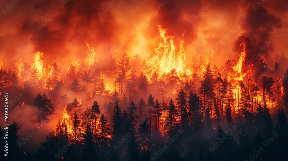 Flames devour a dense forest, sending clouds of smoke into the sky as firefighters battle the escalating wildfire Flames devour a dense forest, sending clouds of smoke into the sky as firefighters battle the escalating wildfire