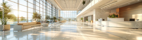 Medical Background,  Wide angle view of a luminous, spacious hospital lobby featuring sleek seating furniture, a reception desk, and large glass windows, casting natural light over