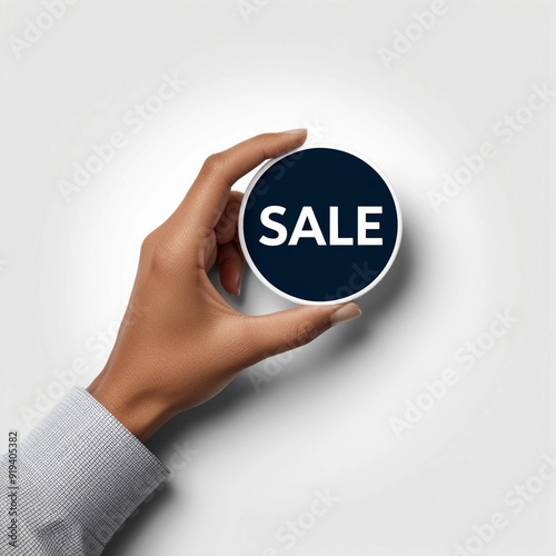 Hand Holding a Circular Sale Tag on a Plain White Background 