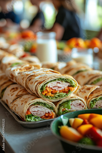 school lunch ideas,  Nutritious wrap sandwiches stacked on a school cafeteria table, filled with turkey, lettuce, and avocado. A child excitedly reaches for a sandwich, with a tray