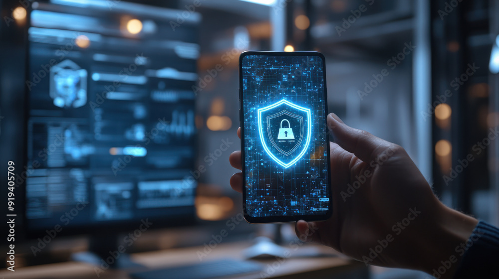AI Cyber security, A hand holding a smartphone with a bright and clear shield security icon visible on the screen, set against a blurred office background. The person appears AI Cyber security, A hand holding a smartphone with a bright and clear shield security icon visible on the screen, set against a blurred office background. The person appears