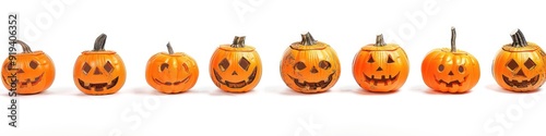 Row of Happy and Angry Pumpkins Isolated on White Background for Halloween Decor