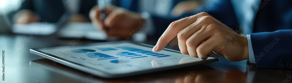 Effective Meeting,  Hand of a businessman indicating key financial metrics on a tablet during a team discussion. Surrounding colleagues exhibit interest, with a well-organized