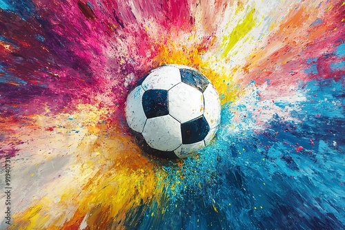 Soccer ball with colorful spray paint template background.
