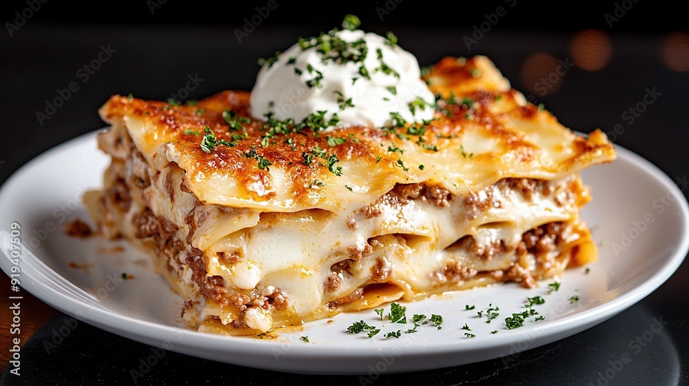 An image of a plate featuring a layer of lasagna topped with a dollop of sour cream An image of a plate featuring a layer of lasagna topped with a dollop of sour cream