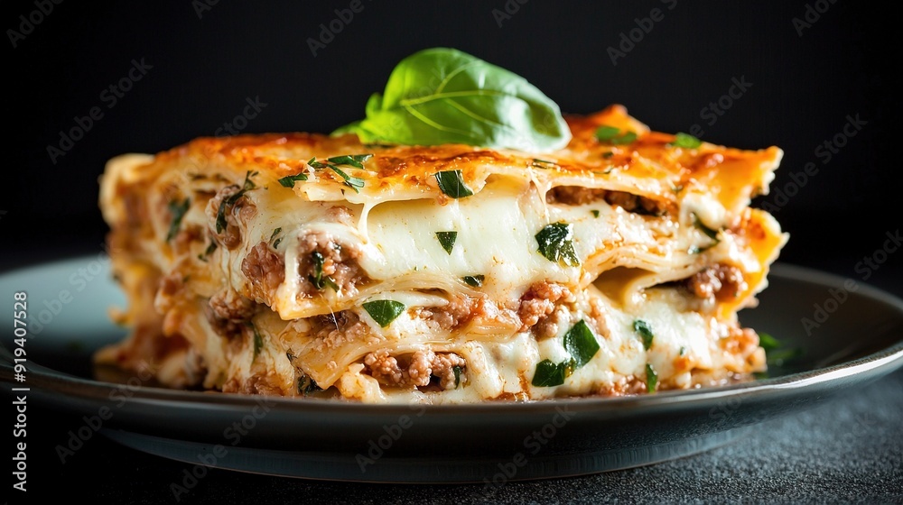 A lasagna plate with a verdant garnish adorning the lasagna A lasagna plate with a verdant garnish adorning the lasagna