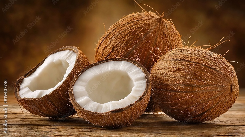 A collection of coconuts perched atop a wooden slab, with one cleaved in two and the other cracked open A collection of coconuts perched atop a wooden slab, with one cleaved in two and the other cracked open