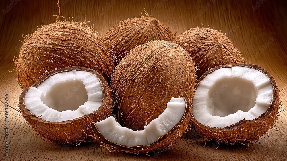 A pile of coconuts resting atop a wooden table, adjacent to a split pine trunk A pile of coconuts resting atop a wooden table, adjacent to a split pine trunk
