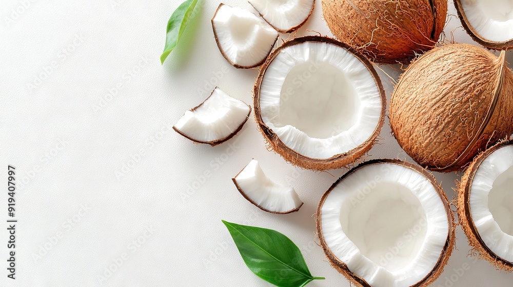 Coconuts on a table with a green leaf and white background Coconuts on a table with a green leaf and white background