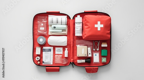 Concept of first aid kit, first aid kit supplies photo