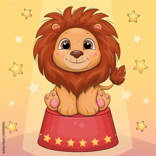 Cute cartoon lion in the circus. Vector illustration of an animal on a yellow background with stars.