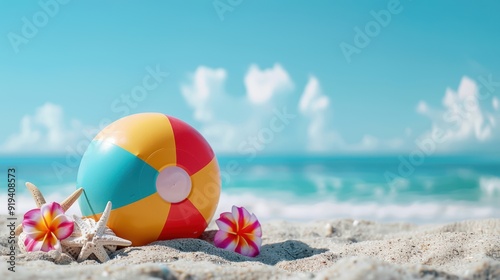 Colorful beach ball and tropical flowers on sandy shore with clear blue sky and ocean in the background. Perfect scene for summer and vacation themes.