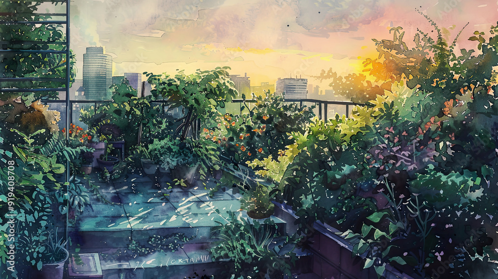 Serene watercolor of a rooftop garden, lush greenery, city skyline, soft twilight ,Ultra-High Detail, Ultra-Realistic Serene watercolor of a rooftop garden, lush greenery, city skyline, soft twilight ,Ultra-High Detail, Ultra-Realistic