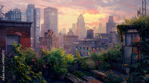 Serene watercolor of a rooftop garden, lush greenery, city skyline, soft twilight ,Ultra-High Detail, Ultra-Realistic