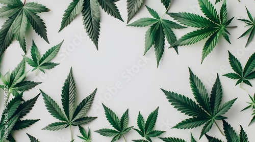 Marijuana leaves on a white background, close up top view on cannabis leaves and branches on white background for alternative medical and marketing design concept