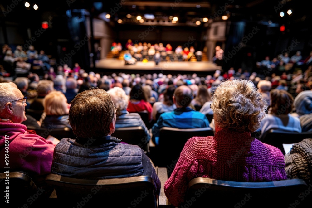 A large audience seated in a theater, attentively watching a performance on stage, captures a lively and engaged atmosphere in a well-lit indoor venue. A large audience seated in a theater, attentively watching a performance on stage, captures a lively and engaged atmosphere in a well-lit indoor venue.