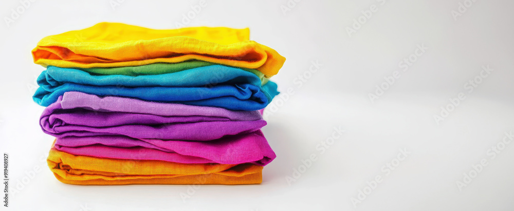 Pink, yellow and blue linen fabric on a white background. A stack of colorful textured cloths for interior design or home decor with copy space Pink, yellow and blue linen fabric on a white background. A stack of colorful textured cloths for interior design or home decor with copy space