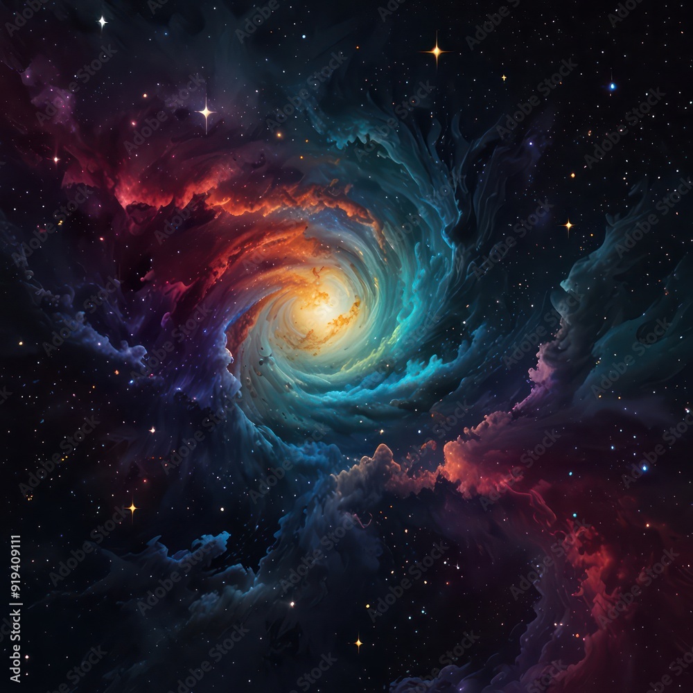 An abstract design that resembles a celestial landscape, with swirling stars and deep space hues An abstract design that resembles a celestial landscape, with swirling stars and deep space hues