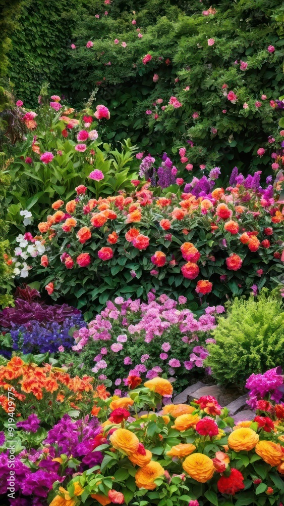 A vibrant garden brimming with a wide array of colorful flowers and shrubs, A vibrant garden brimming with a wide array of colorful flowers and shrubs,