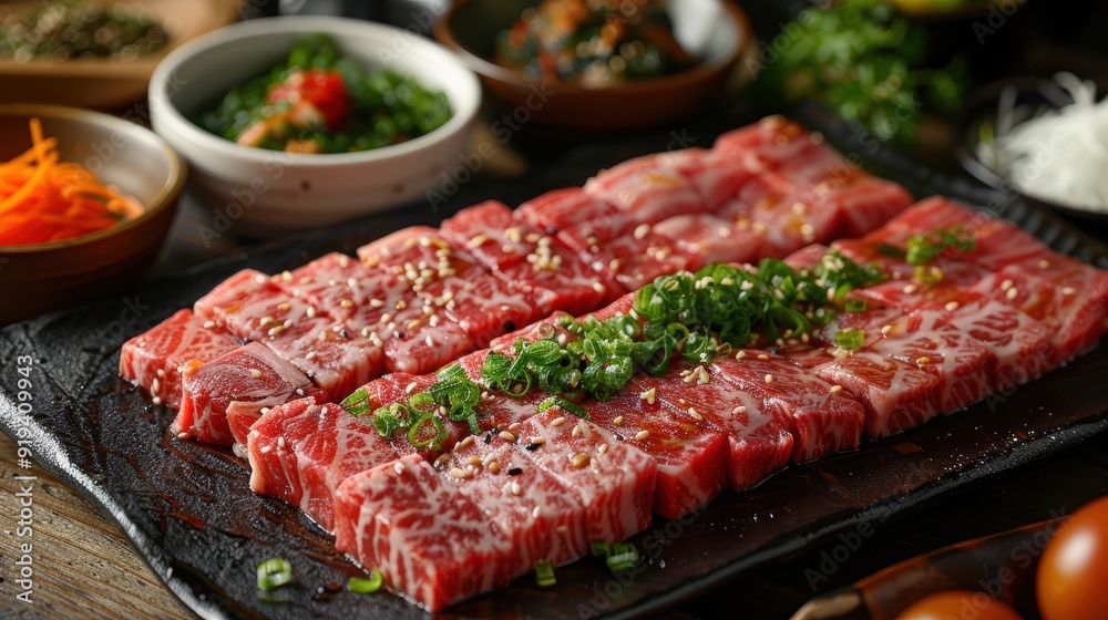A plate of meat with a green sauce on top. The meat is cut into small pieces and is surrounded by bowls of various foods