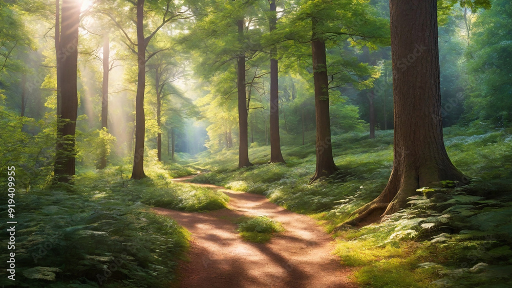 Obraz premium A panoramic view of a path through summer forest, with towering trees and sunlight.