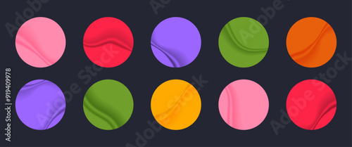 Set of 10 colorful paper stickers and labels with different wrinkles and folds. Circle and round shape sticky badges. Vector reminders.