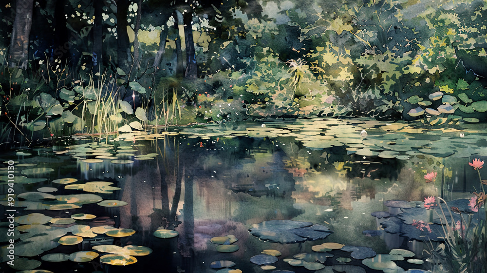Serene watercolor of a water garden, reflective pond, lush foliage, soft twilight ,Ultra-High Detail, Ultra-Realistic Serene watercolor of a water garden, reflective pond, lush foliage, soft twilight ,Ultra-High Detail, Ultra-Realistic