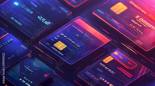 Credit Cards with Security Features and Financial Data - An illustration of several credit cards with visible security features and financial data, emphasizing modern payment methods