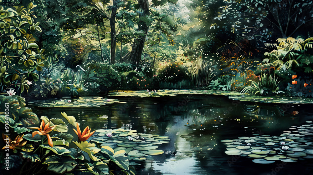 Serene watercolor of a water garden, reflective pond, lush foliage, soft twilight ,Ultra-High Detail, Ultra-Realistic Serene watercolor of a water garden, reflective pond, lush foliage, soft twilight ,Ultra-High Detail, Ultra-Realistic