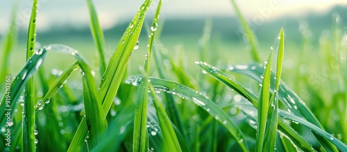 Panel kuchenny z motywem Close-up of fresh, dewy grass in the morning sunlight, showcasing natural beauty and tranquility of a vibrant green meadow.