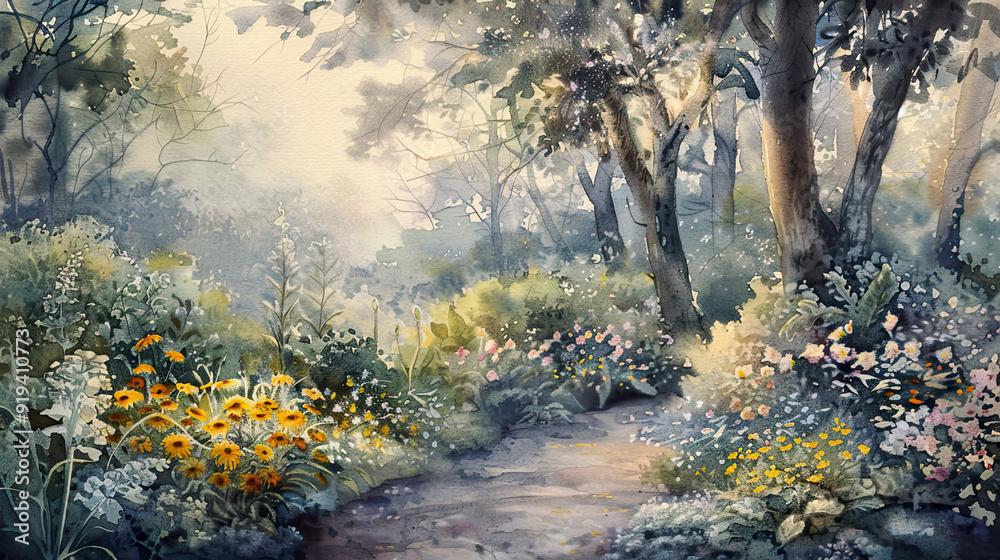 Serene watercolor of a woodland garden, woodland flowers, canopy of trees, soft twilight ,Ultra-High Detail, Ultra-Realistic Serene watercolor of a woodland garden, woodland flowers, canopy of trees, soft twilight ,Ultra-High Detail, Ultra-Realistic