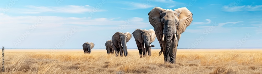Fototapeta premium A herd of elephants walking in a single file across a grassy savannah under a clear blue sky.