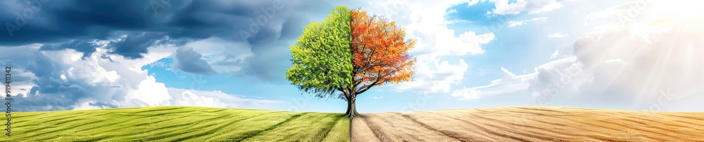 A solitary tree with its foliage transitioning from green to orange, showcasing contrasting seasons under a dramatic sky. A solitary tree with its foliage transitioning from green to orange, showcasing contrasting seasons under a dramatic sky.