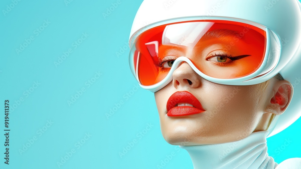 Futuristic woman with bold makeup and orange visor against turquoise background, embodying modern fashion and style. Futuristic woman with bold makeup and orange visor against turquoise background, embodying modern fashion and style.